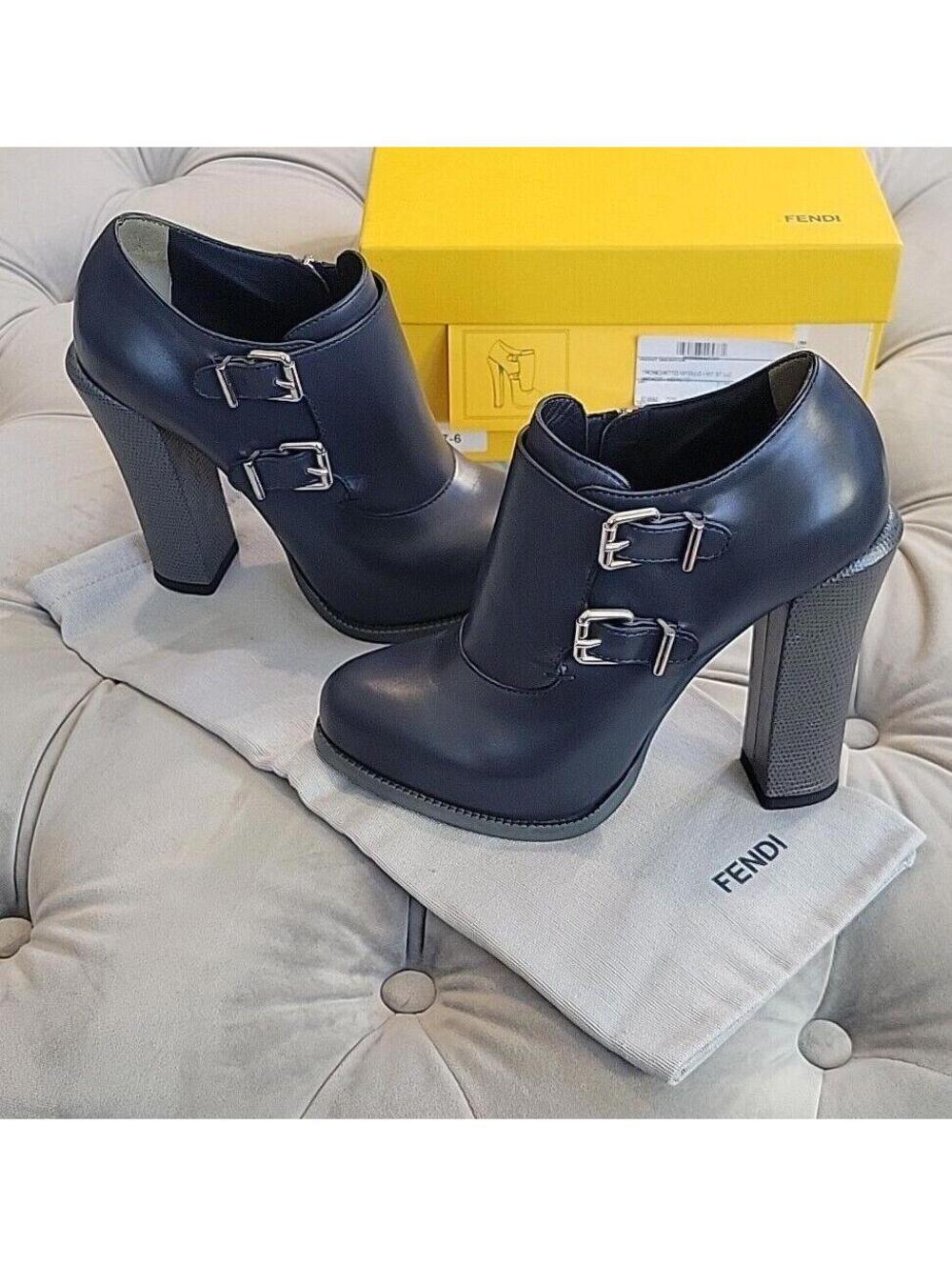 Fendi Barneys Roma Womens Booties Ankle Boot Navy Leather Buckle Straps Italy 36